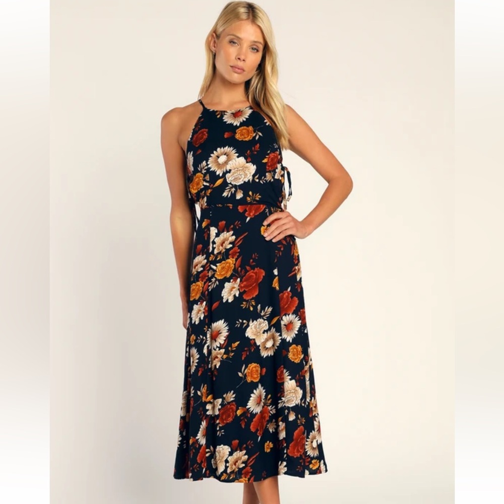 Lulus Flourishing Flirt Navy Blue Floral Cutout Halter Midi Dress size XS NWT
